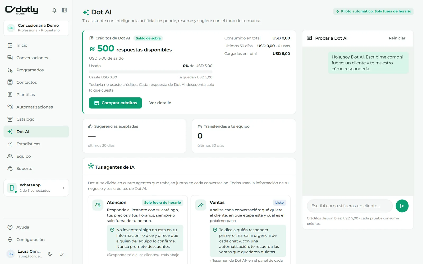 Pantalla de dot ai de Dotly con datos de ejemplo